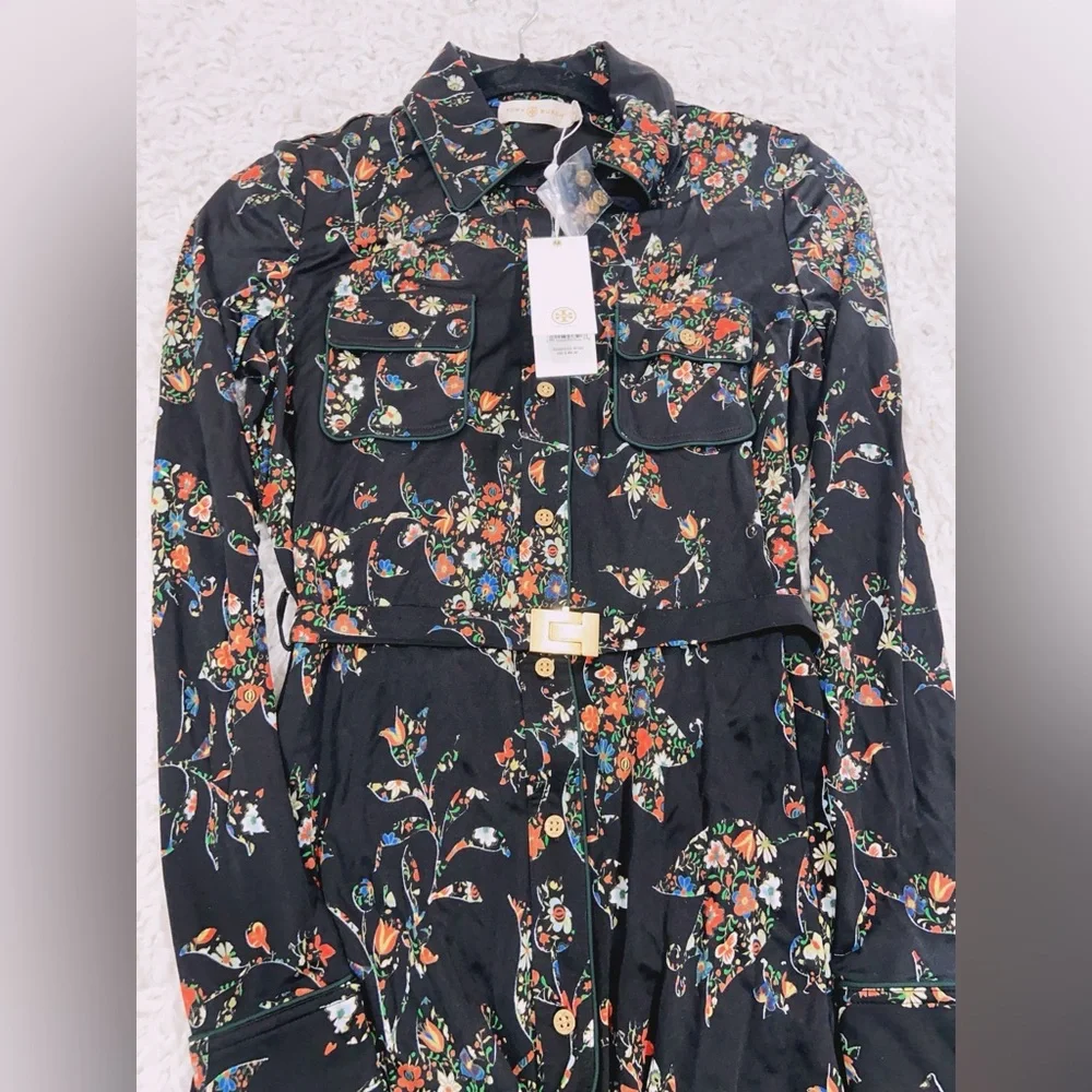 NWT $498 Tory Burch Printed Jersey Shirtdress In Black Sacred Floral